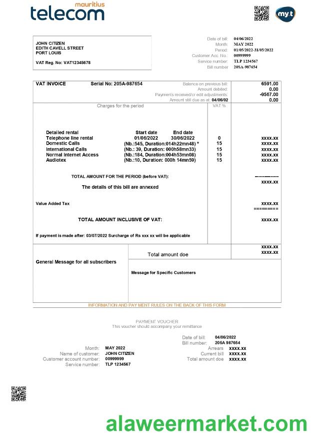 Mauritius Telecom Mauritius utility bill template in Word and PDF format